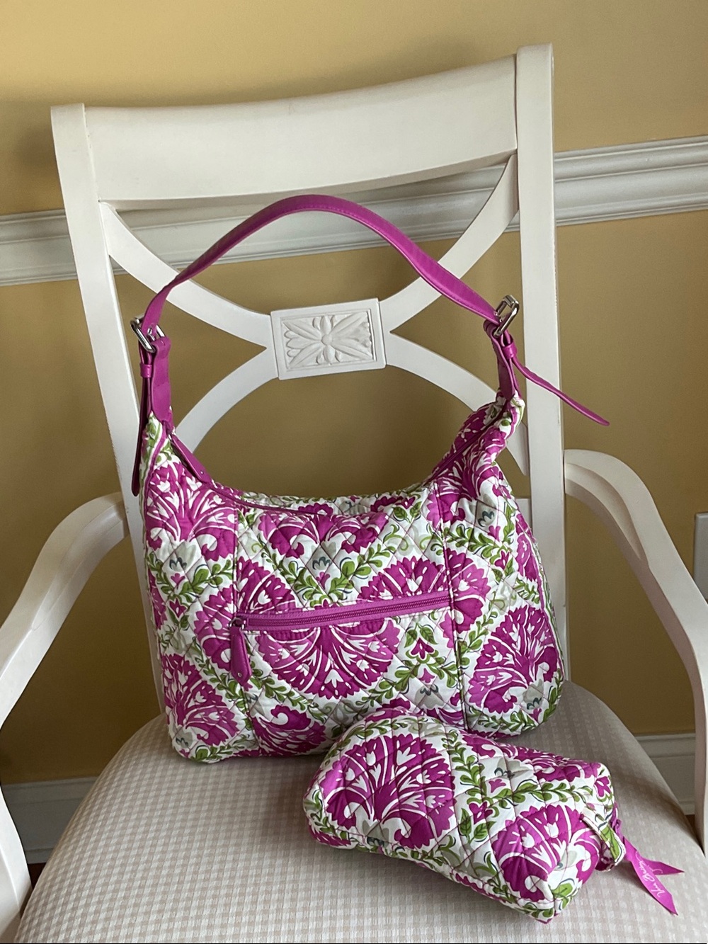 Vera Bradley Quilted Pink Floral Shoulder Bag with Matching Make-Up Pouch